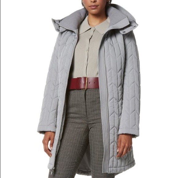 Andrew Marc Cement Lyness Herringbone Belted Puffer Jacket Hooded Long Sleeve